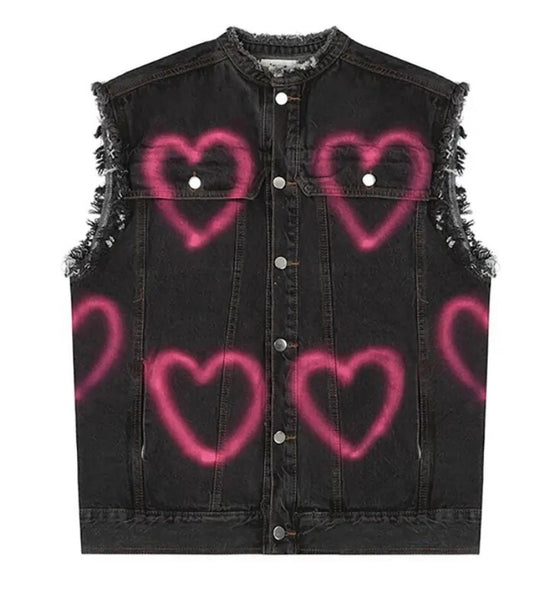 Women Fashion Color Heart Button Up Denim Vest Top