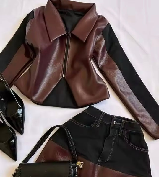 Women Brown Faux Leather Denim Jacket Two Piece Skirt Set