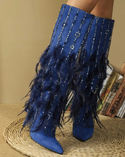 Women Fashion Feather Sequins Suede Knee High Boots