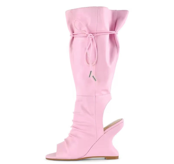 Women Fashion Open Toe Ruched Wedge Knee High Boots