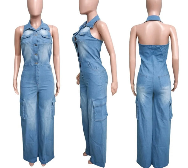 Women Sexy Fashion Button Up Halter Cargo Denim Jumpsuit