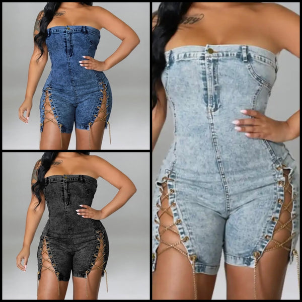 Women Sexy Strapless Chain Lace Up Denim Romper