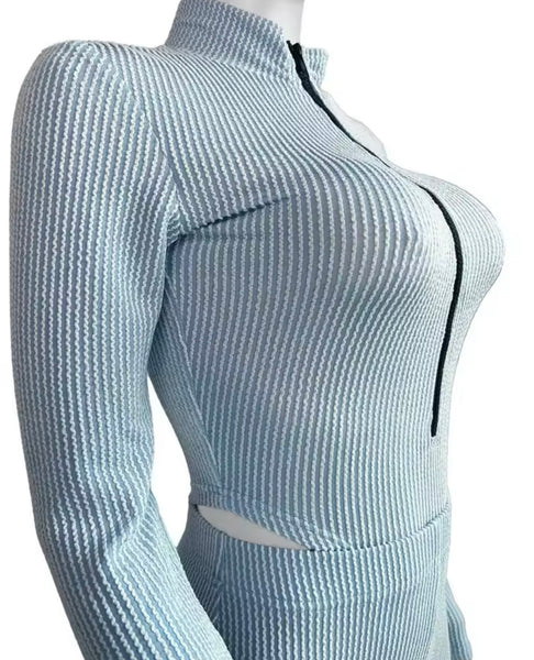 Women Color Ribbed Zip Up Full Sleeve Bodysuit Two Piece Pant Set