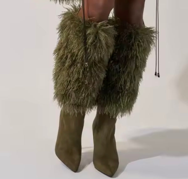 Women Fashion Green Faux Fur Suede Knee High Boots