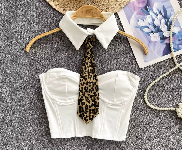 Women Strapless Collar Leopard Tie Fashion Crop Top