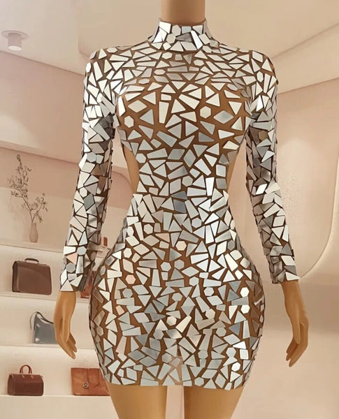 Women Sexy Silver Mirror Full Sleeve Mesh Hollow Out Dress