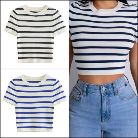 Women Fashion Striped Short Sleeve Crop Top