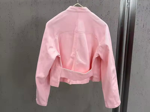 Women Pink Zip Up Jacket Fashion Three Piece Pant Set