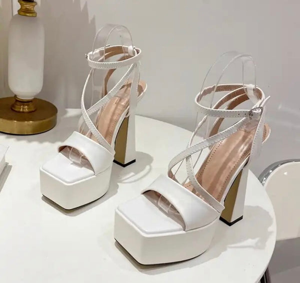 Women Fashion White Square Open Toe Platform Ankle Strap Sandals