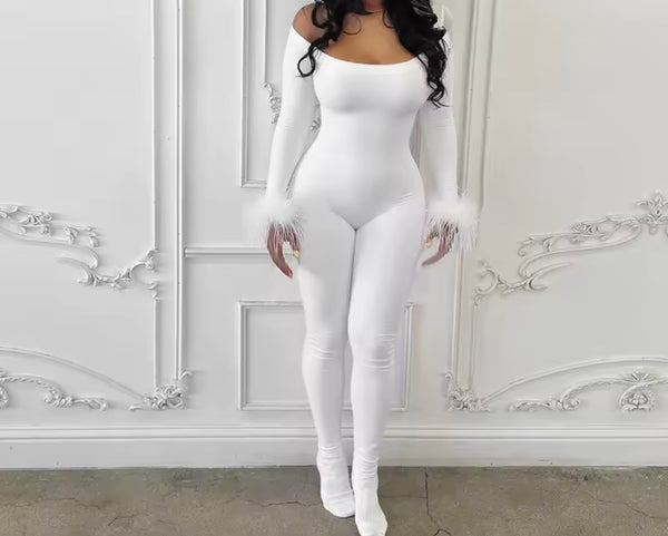Women Off The Shoulder Feather Full Sleeve Fashion Jumpsuit