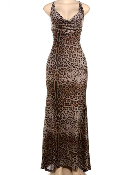 Women Leopard Sleeveless Sexy Open Back Maxi Dress