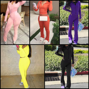 Women Color Zip Up Fashion Tracksuit Two Piece Pant Set