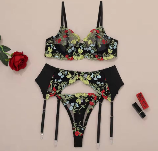 Women Sexy Black Colorful Floral Mesh Lingerie Set