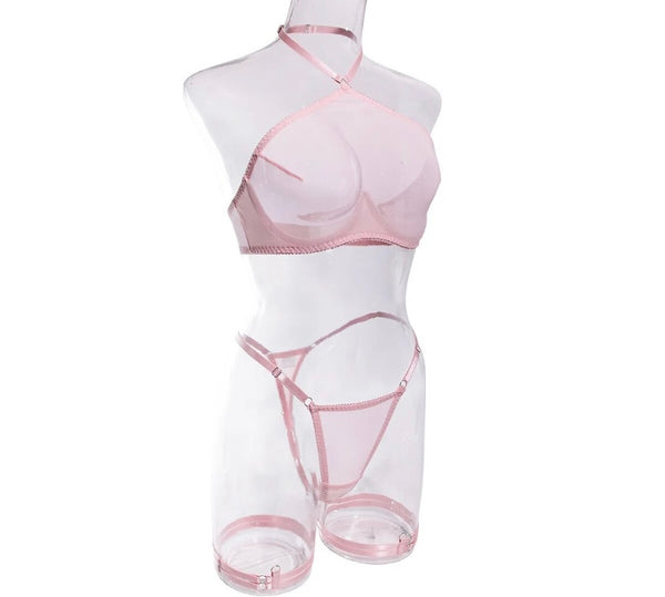 Women Sexy Pink Halter Mesh Lingerie