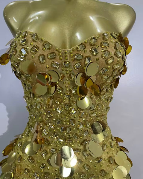 Women Sexy Strapless Sequins Rhinestone Mesh Dress