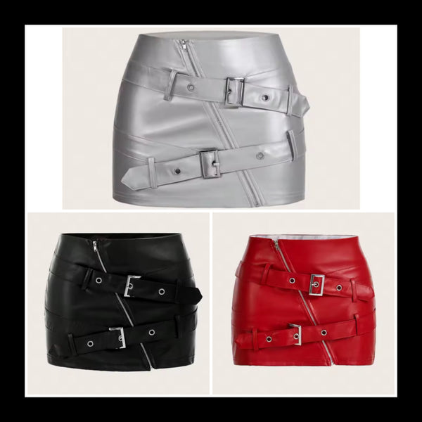 Women Sexy Fashion Faux Leather Zipper Buckled Skirt