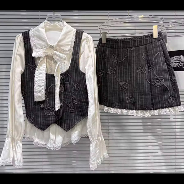 Women Ruffled Full Sleeve Gray Pinstripes Two Piece Skirt Set