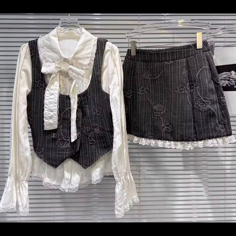 Women Ruffled Full Sleeve Gray Pinstripes Two Piece Skirt Set