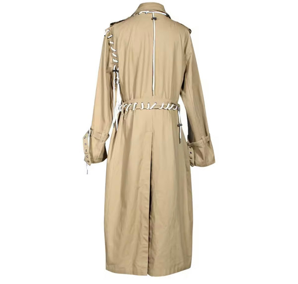 Women Fashion Khaki Lace Up Trench Jacket