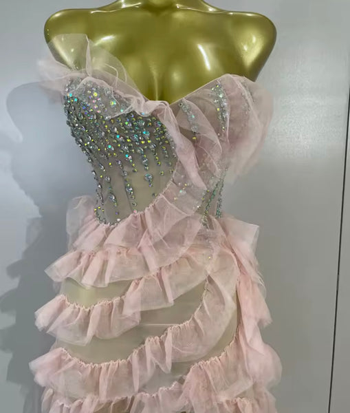 Women Sexy Pink Strapless Ruffle Rhinestone Asymmetrical Dress