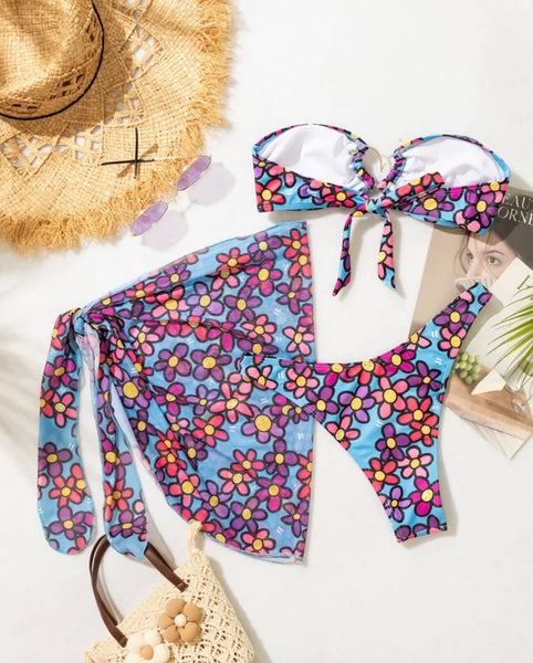 Women Sexy Strapless Blue Floral Bikini Cover Up Set