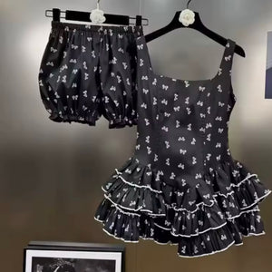 Women Sexy Sleeveless Ruffled Bow Print Two Piece Short Set