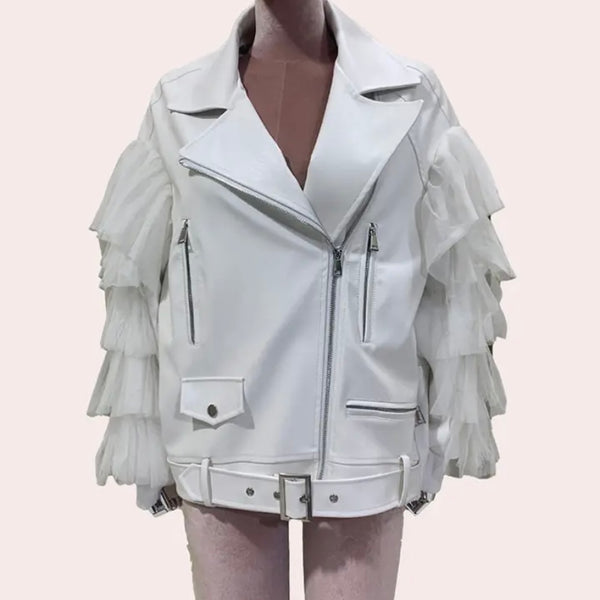 Women White Fashion Ruffled Faux Leather Jacket