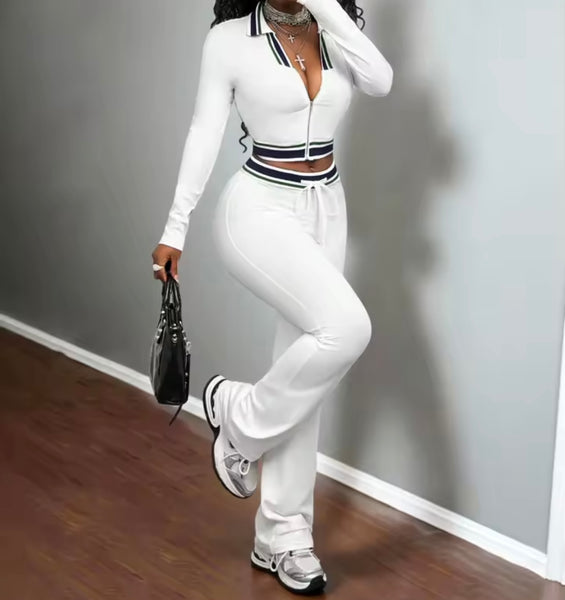 Women Fashion Striped Zip Up Tracksuit Two Piece Pant Set