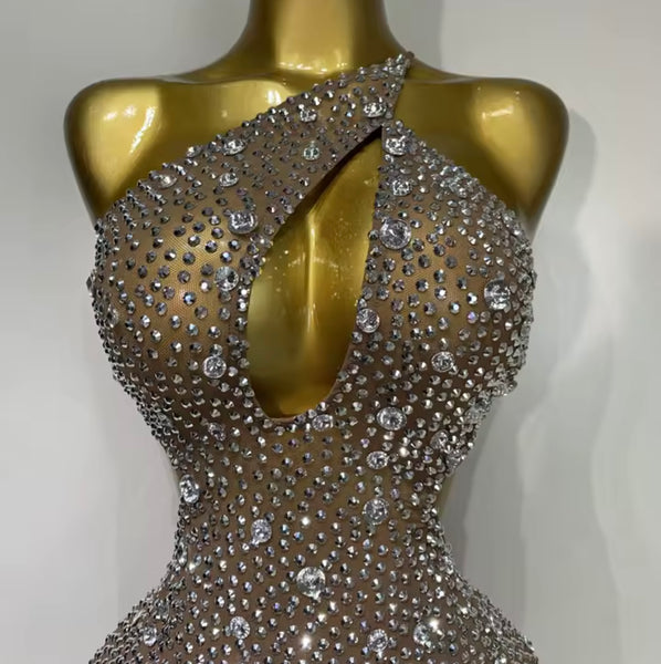 Women Sexy Mesh One Shoulder Sleeveless Rhinestone Dress