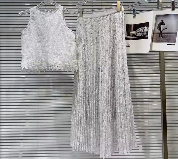 Women Sparkly Sleeveless Sexy Two Piece Pleated Maxi Skirt Set