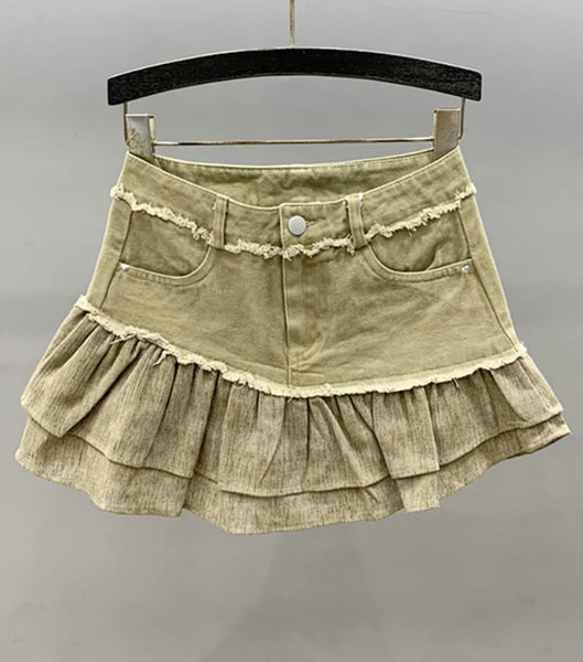 Women Sexy Fashion Ruffled Pleated Denim Skirt