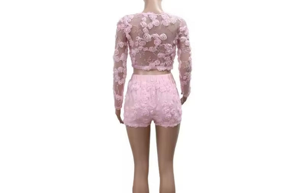 Women Pink Floral Sexy Mesh Full Sleeve Two Piece Short Set