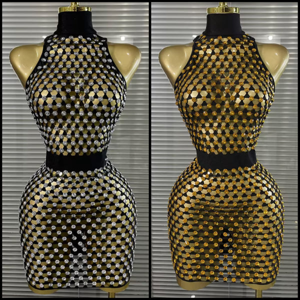 Women Sleeveless Open Back Rhinestone See Through Dress