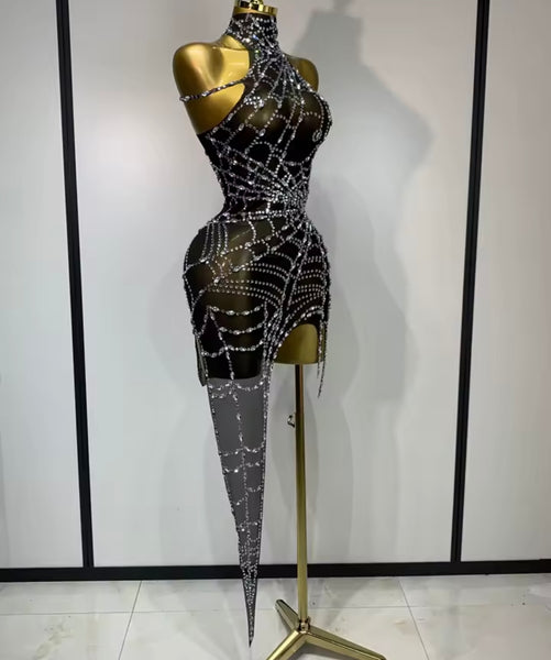 Women Sleeveless Asymmetrical Rhinestone Mesh Dress