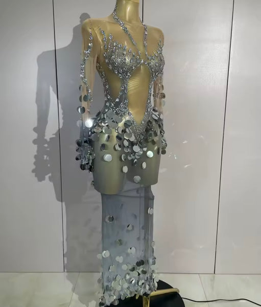Women Silver Sequins Rhinestone Full Sleeve Mesh Maxi Dress