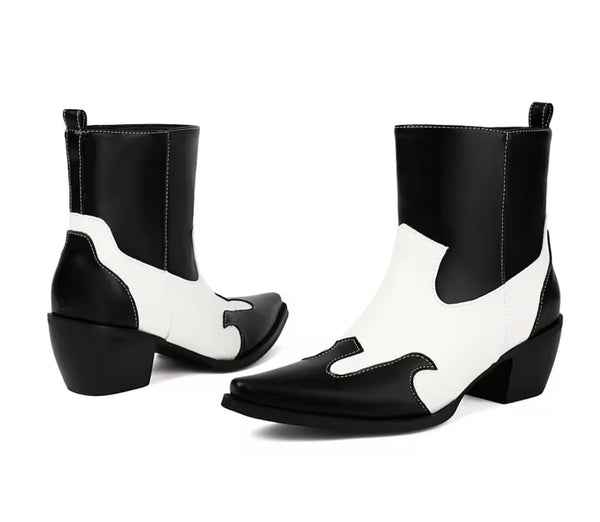Women Color Patchwork Fashion Faux Leather Western Ankle Boots