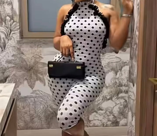 Women Sexy Polka Dot Ruffled Halter Open Back Romper