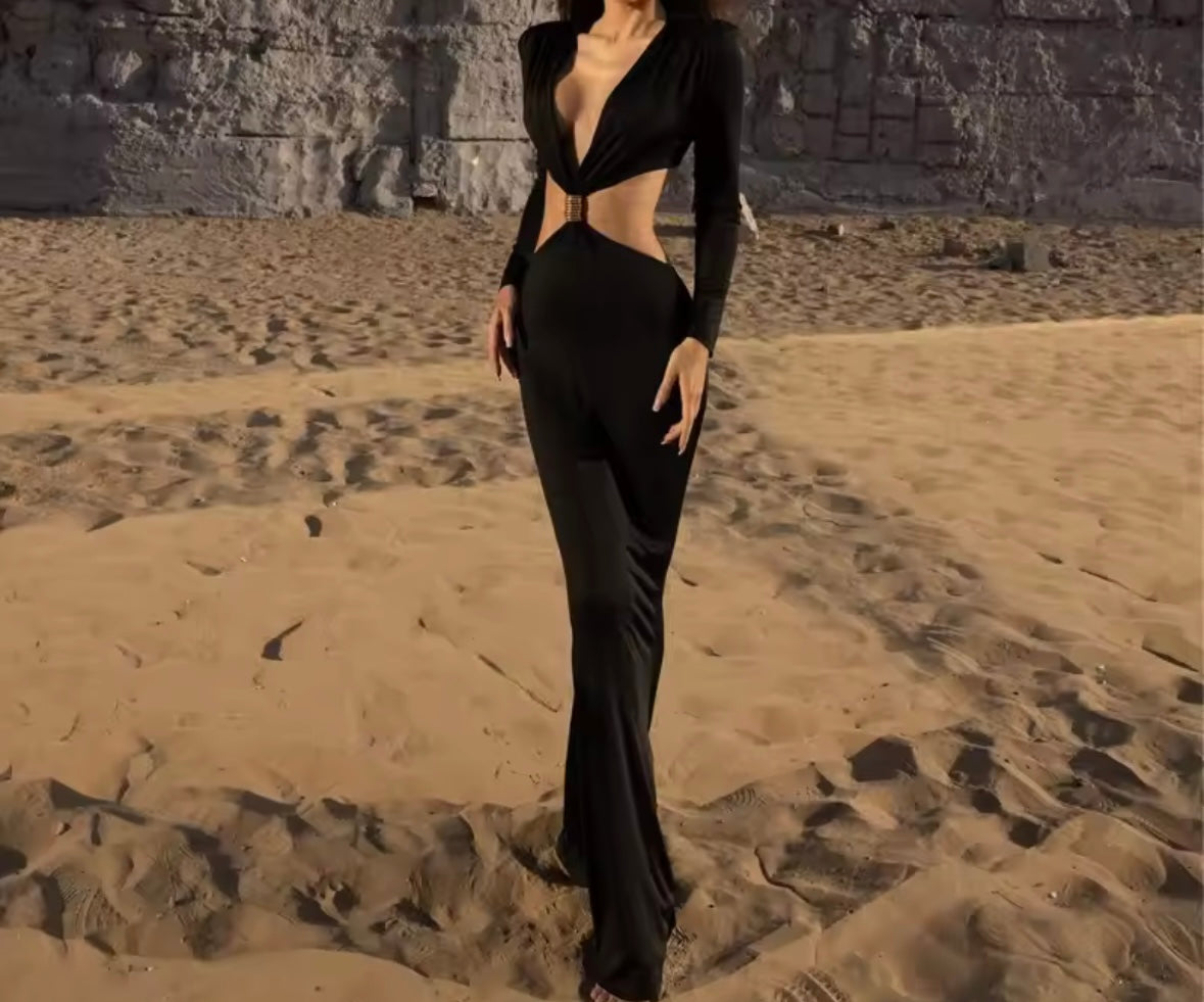 Women Sexy Solid Color Hollow Out Full Sleeve Maxi Dress