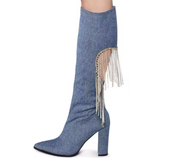 Women Denim Cut Out Heart Rhinestone Tassel Knee High Boots