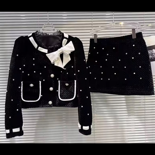 Women B&W Bow Rhinestone Button Up Blazer Two Piece Skirt Set