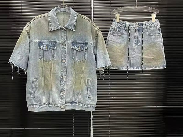 Women Fashion Metallic Button Up Denim Two Piece Skirt Set
