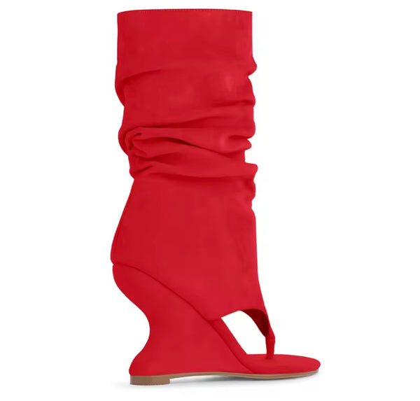 Women Fashion Suede Open Toe Ruched Wedge Ankle Boots