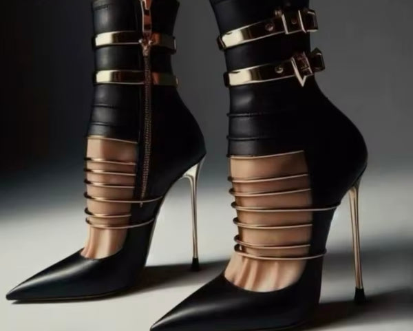 Women Black Faux Leather Gold Buckled High Heel Ankle Boots