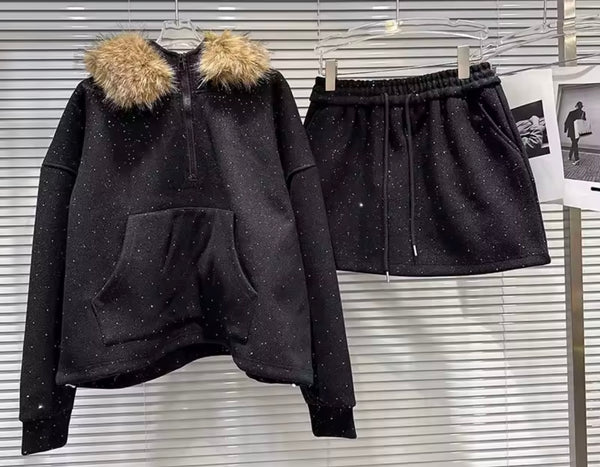 Women Fashion Bling Fur Hooded Two Piece Skirt Set