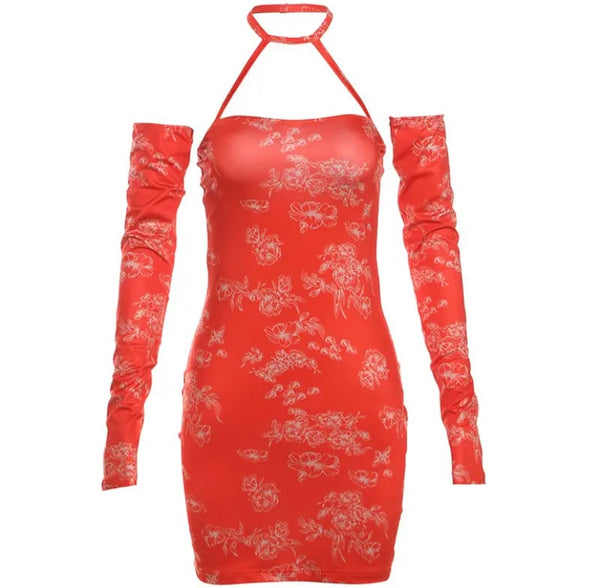 Women Red Printed Halter Sexy Dress