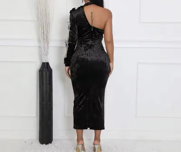 Women Sexy Black Velour Bow One Shoulder Full Sleeve Dress