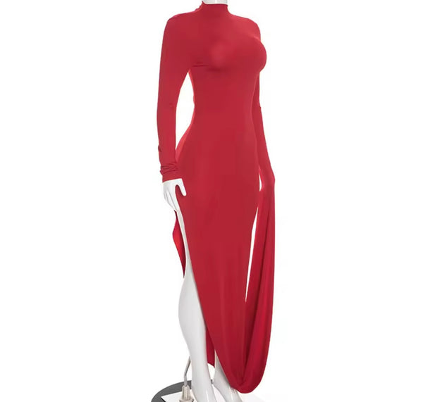Women Sexy Red Asymmetrical Full Sleeve Maxi Dress