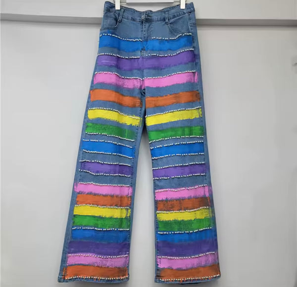 Women Sleeveless Graffiti Pearl Denim Two Piece Pant Set
