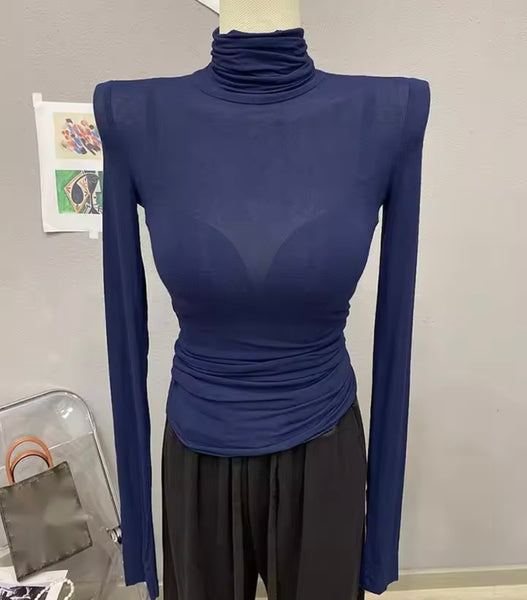 Women Fashion Turtleneck Full Sleeve Mesh Top