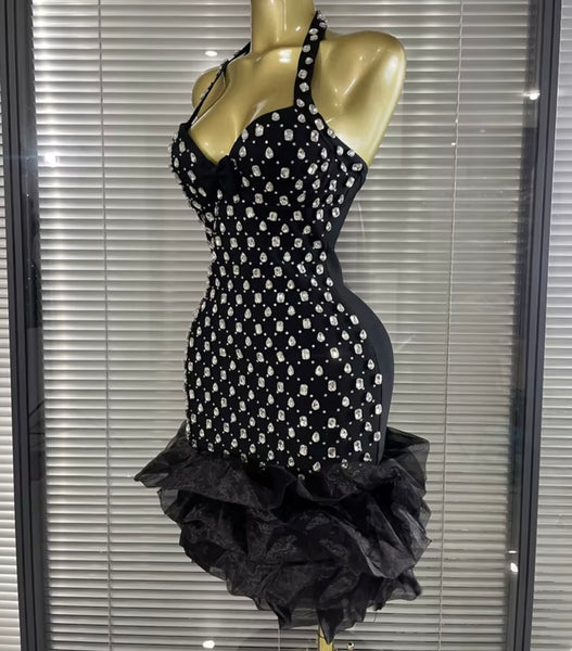 Women Sexy Halter Sleeveless Rhinestone Ruffle Dress